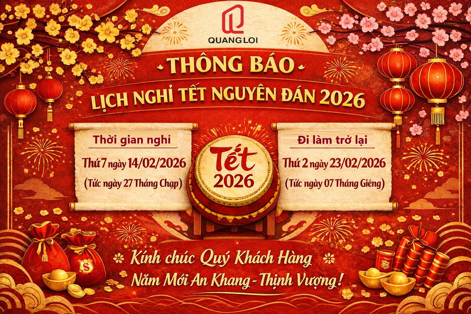 THÔNG BÁO LỊCH NGHỈ TẾT NGUYÊN ĐÁN BÍNH NGỌ 2026